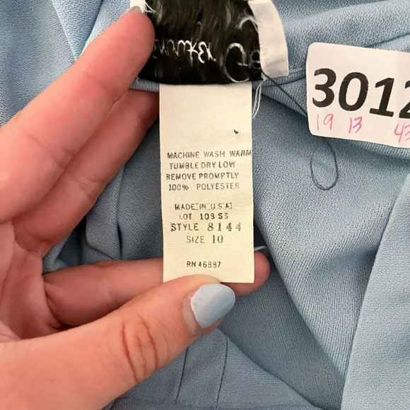 Vtg 70s Jennifer Gee Womens Blue A Line Dress 10 Lace Pleated Long Sleeve Belt - Picture 9 of 9